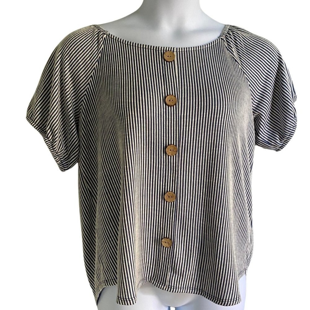 Retrology Petite Blue and White Vertical Striped Short Sleeve Top PXL
